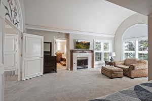 Living room with vaulted ceiling, visible vents, a fireplace, and carpet flooring