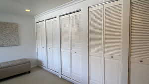 Interior space with crown molding, multiple closets, and recessed lighting