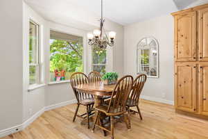 Dining area with light wood-type flooring, a healthy amount of sunlight, and baseboards