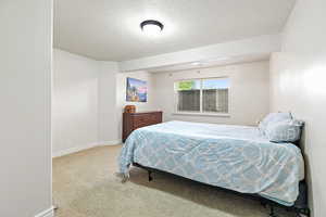 Bedroom featuring carpet flooring, a textured ceiling, and baseboards