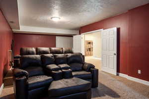 Carpeted cinema room with a textured ceiling, visible vents, and baseboards