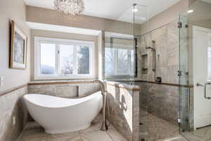 Full primary bathroom featuring tile walls, wainscoting, a freestanding bath, and a shower stall