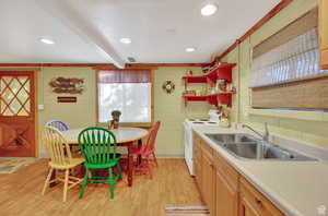 Kitchen with a sink, visible vents, light wood-style floors, light countertops, and white electric range oven