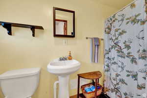 Bathroom featuring toilet, visible vents, and a shower with shower curtain