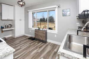 Kitchen with wood finished floors, a sink, white cabinets, and baseboards