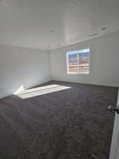 Carpeted spare room with a textured ceiling and baseboards