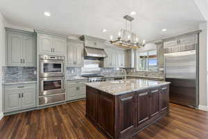 Kitchen with Thermador and Subzero appliances; granite counter tops, custom cabinets