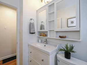 Bathroom featuring visible vents, vanity, baseboards, and wood finished floors