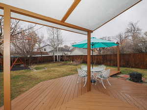 Deck with outdoor dining space, a fire pit, a fenced backyard, and a yard