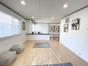 Living room with baseboards, visible vents, wood finished floors, and recessed lighting