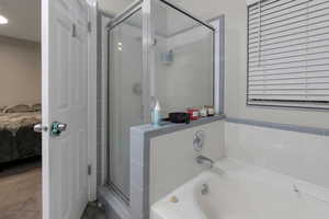 Full bathroom featuring a stall shower, a garden tub, and ensuite bath