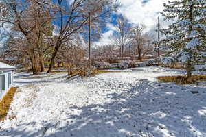 View of yard covered in snow