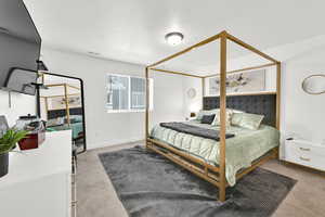 Carpeted bedroom with a textured ceiling, visible vents, and baseboards