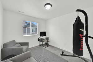 Workout room with baseboards, visible vents, and carpet flooring