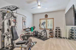 Workout room with carpet and a ceiling fan