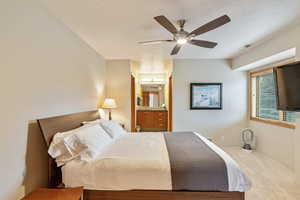 Bedroom featuring baseboards, carpet floors, a textured ceiling, and ensuite bath