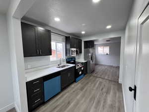 Kitchen with light wood finished floors, appliances with stainless steel finishes, a sink, and a wealth of natural light