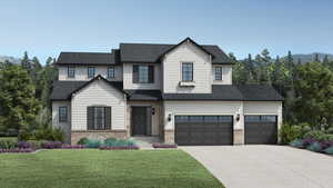 View of front of house with a mountain view, brick siding, concrete driveway, roof with shingles, and a front lawn