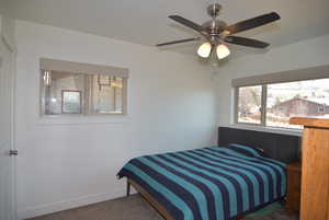 Bedroom #2 with Carpeted flooring, updated windows giving lots of natural light and ceiling fan.