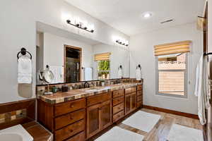 Bathroom with a sink, double vanity, wood finished floors, visible vents, and a stall shower
