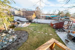 View of yard featuring a fenced backyard and a mountain view