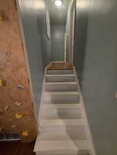 Staircase with baseboards and wood finished floors