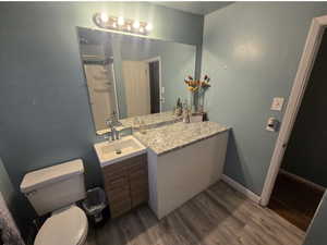 Bathroom featuring toilet, baseboards, wood finished floors, and vanity