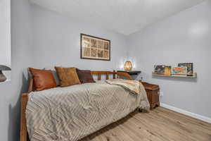 Bedroom with wood finished floors and baseboards