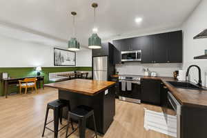 Kitchen with stainless steel appliances, butcher block counters, a sink, and dark cabinets