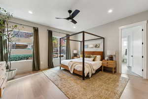 Bedroom with recessed lighting, baseboards, ceiling fan, and light wood finished floors