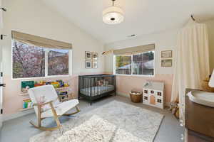 Interior space featuring vaulted ceiling, carpet flooring, visible vents, and baseboards