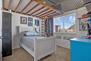 Bedroom featuring carpet floors, visible vents, and baseboards