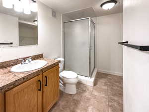 Full bathroom with toilet, a stall shower, visible vents, and vanity