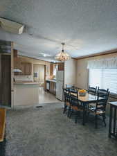 Dining space with a textured ceiling and light colored carpet