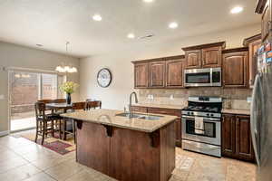 Kitchen with visible vents, a sink, stainless steel appliances, decorative backsplash, and a chandelier