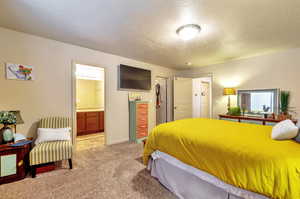 Primary bedroom featuring a walk in closet, light carpet and a connected bathroom