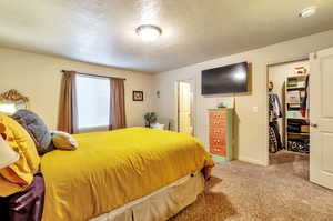 Carpeted primary bedroom featuring a walk in closet