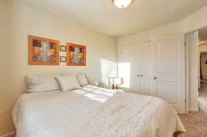 Secondary bedroom with light carpet and a closet