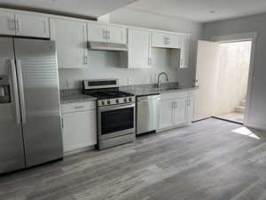 Kitchen featuring a sink, appliances with stainless steel finishes, white cabinetry, and under cabinet range hood