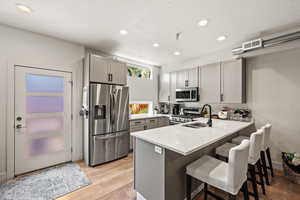 Kitchen with a peninsula, gray cabinets, a sink, stainless steel appliances, and a kitchen breakfast bar