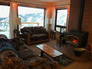 Carpeted living area with a wood stove