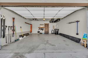 View of garage with epoxy floor