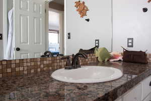 Bathroom with vanity (granite countertops) and tasteful tile backsplash