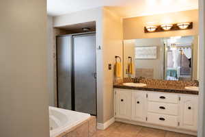 Master bathroom with double vanity, a tub with jets, a shower stall, and a sink