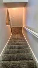 Staircase with carpet and baseboards