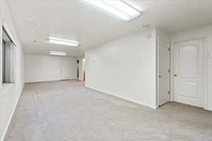 basement family room with under stairs closet