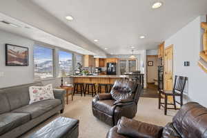 Living area featuring recessed lighting, visible vents, and carpet