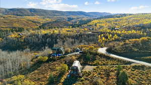 Birds eye view of property featuring a mountain view and a view of trees