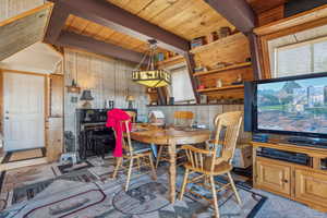 Dining space featuring beamed ceiling, a healthy amount of sunlight, wooden ceiling, and wooden walls