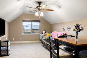 Bedroom featuring a mountain view, carpet floors and vaulted ceiling